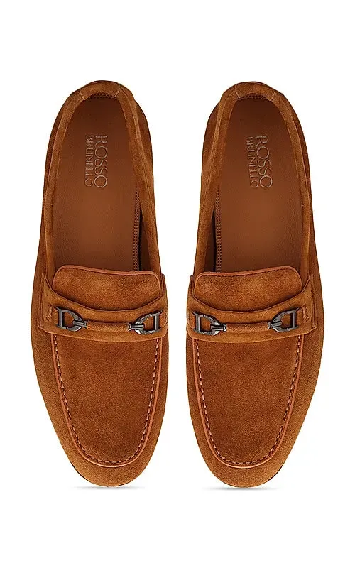 Camel Suede Leather Loafers With Buckle