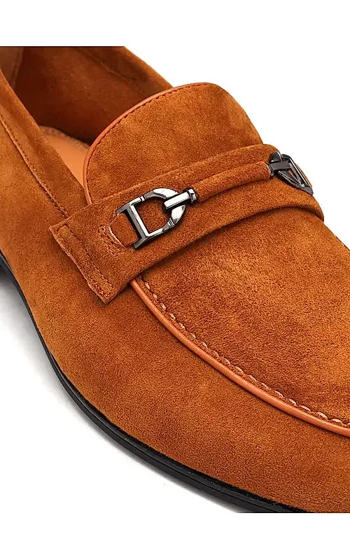 Camel Suede Leather Loafers With Buckle