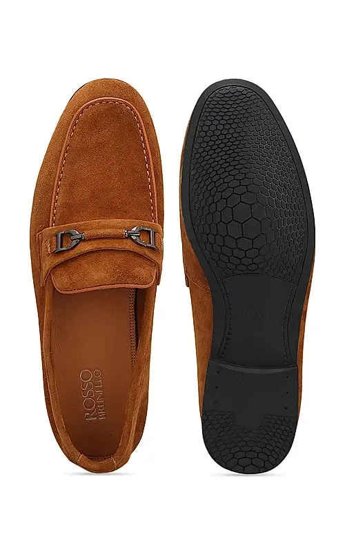 Camel Suede Leather Loafers With Buckle