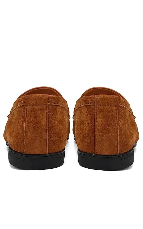 Camel Suede Leather Loafers With Buckle