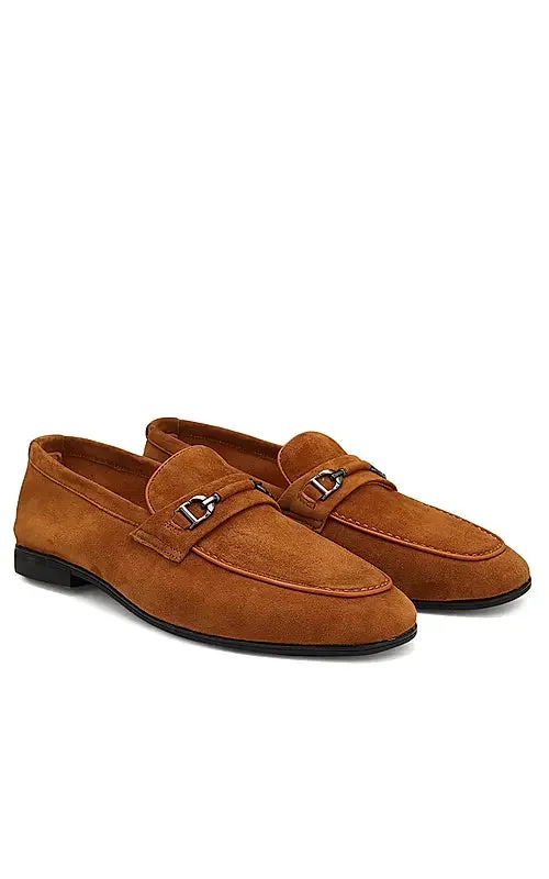 Camel Suede Leather Loafers With Buckle
