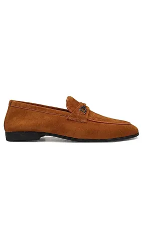 Camel Suede Leather Loafers With Buckle