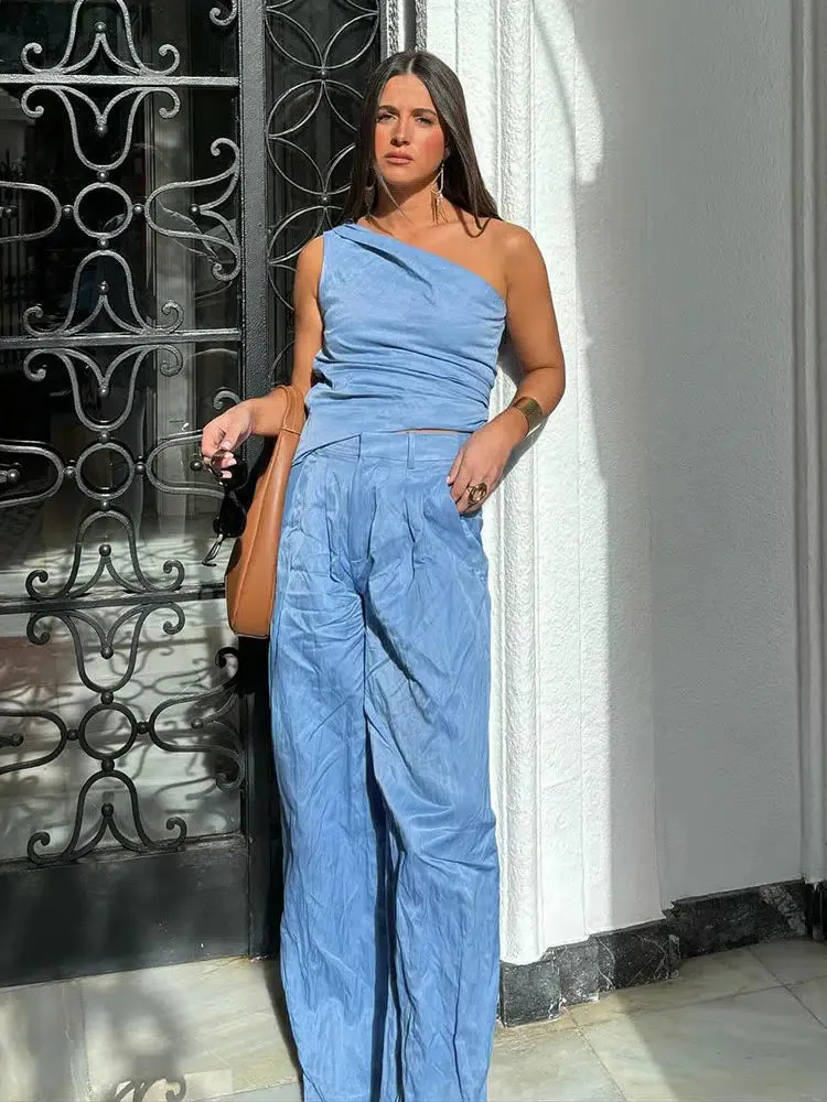 Candice Set – Blue – Asymmetrical pleated pants