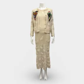 Chanel Beige Knit Set of Dress And Cardigan with Parrot Appliqués