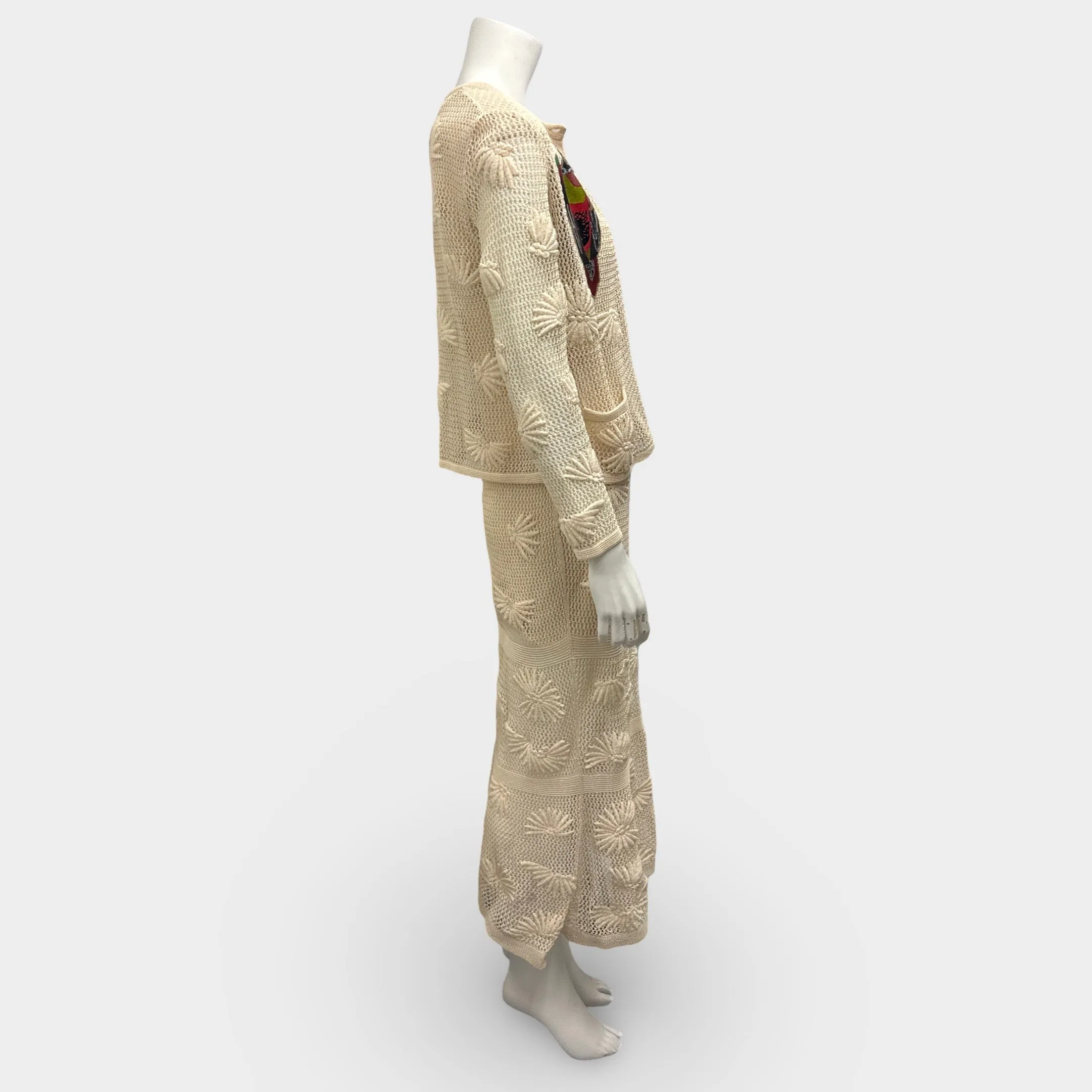 Chanel Beige Knit Set of Dress And Cardigan with Parrot Appliqués