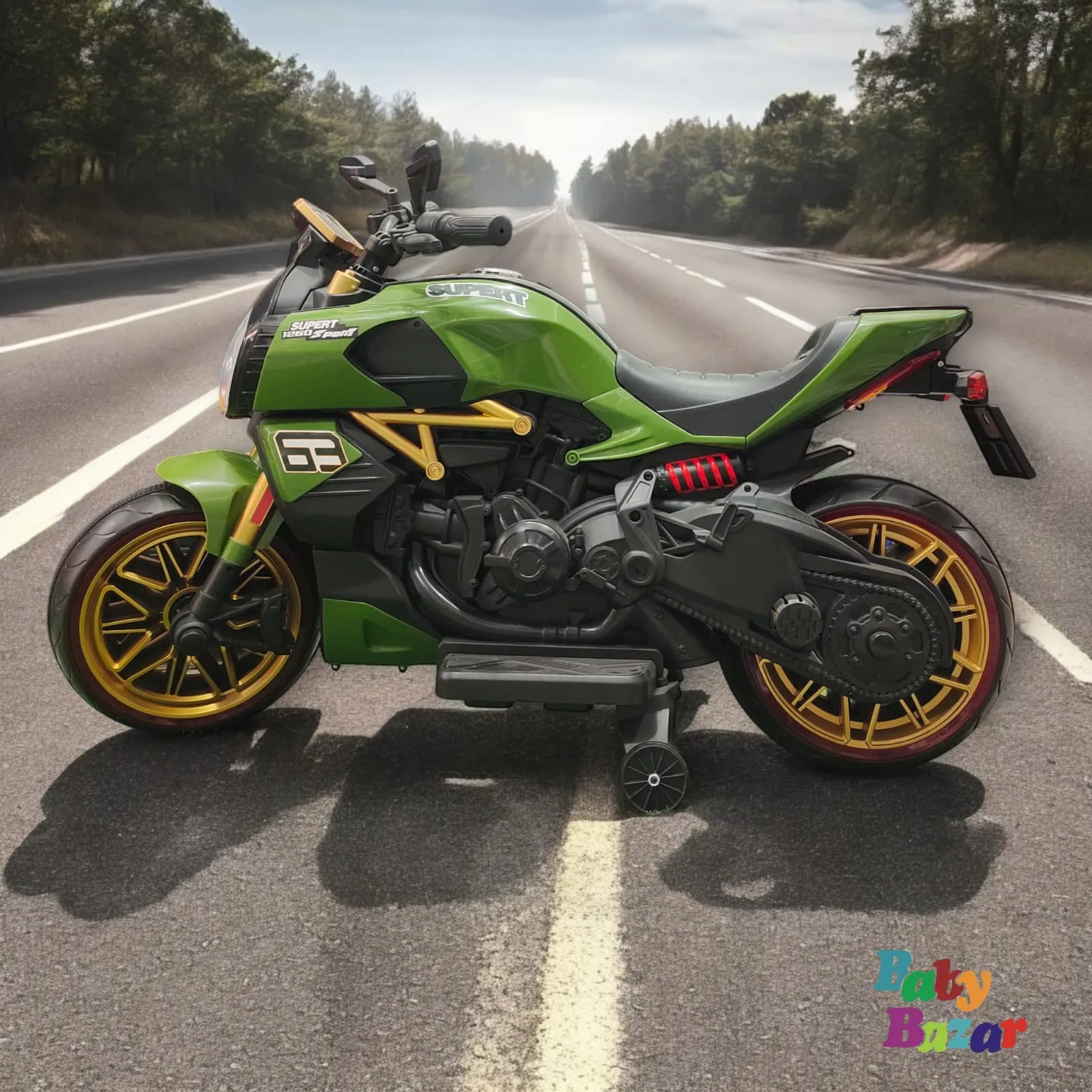 Deluxe Kids Sporty Ride On Superbike Stylish Green Design with Shiny Golden Alloy Wheels for Ultimate Fun and Adventure