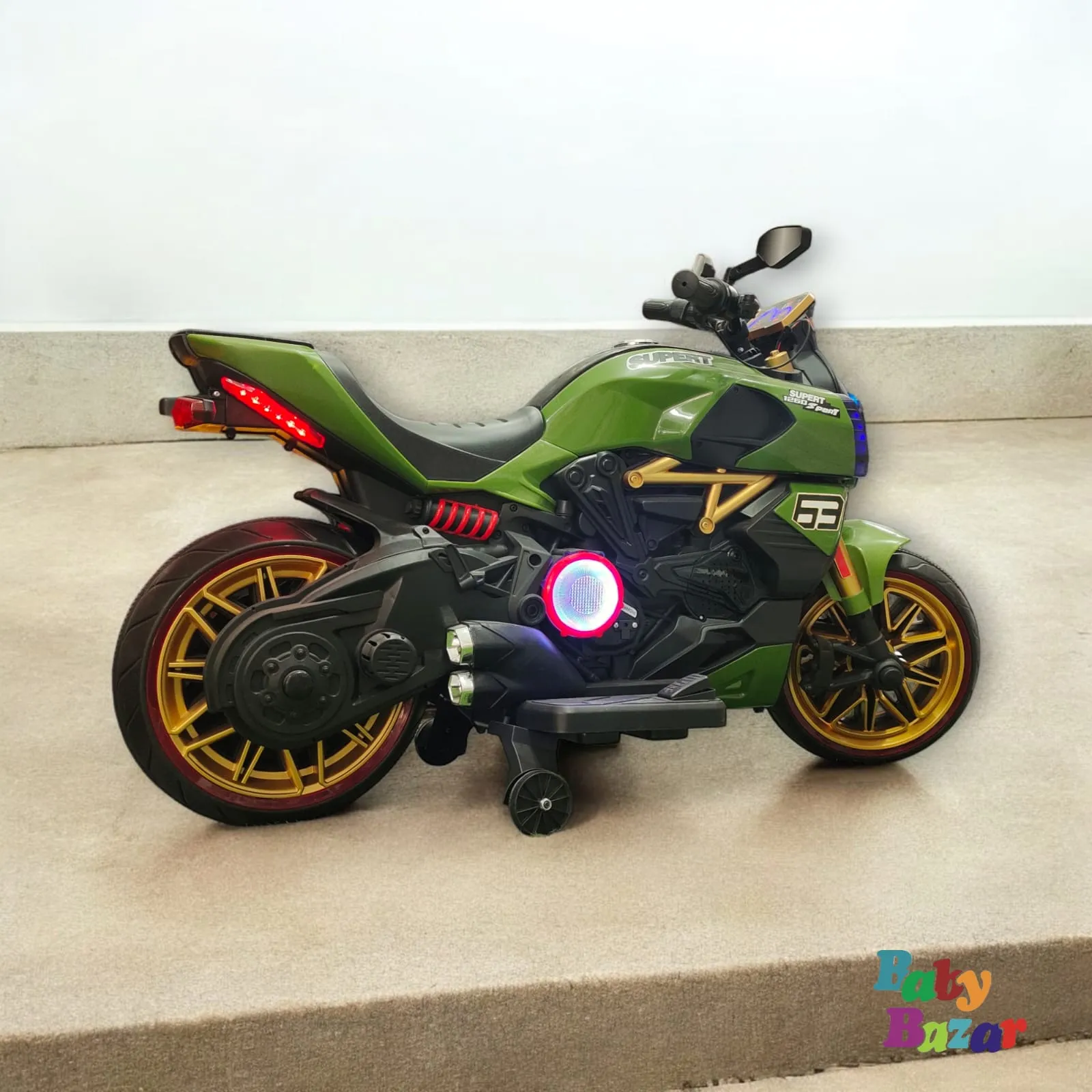 Deluxe Kids Sporty Ride On Superbike Stylish Green Design with Shiny Golden Alloy Wheels for Ultimate Fun and Adventure