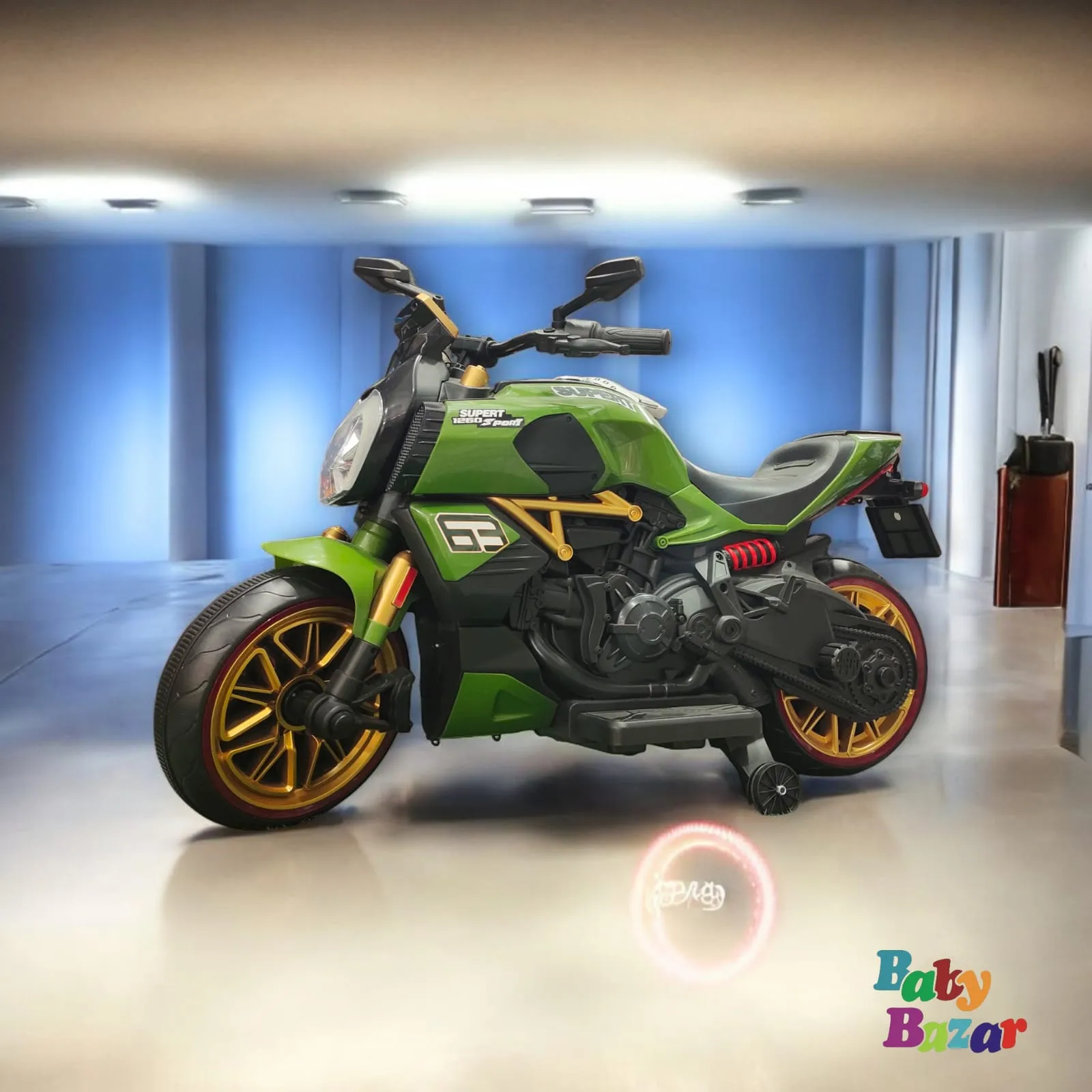 Deluxe Kids Sporty Ride On Superbike Stylish Green Design with Shiny Golden Alloy Wheels for Ultimate Fun and Adventure