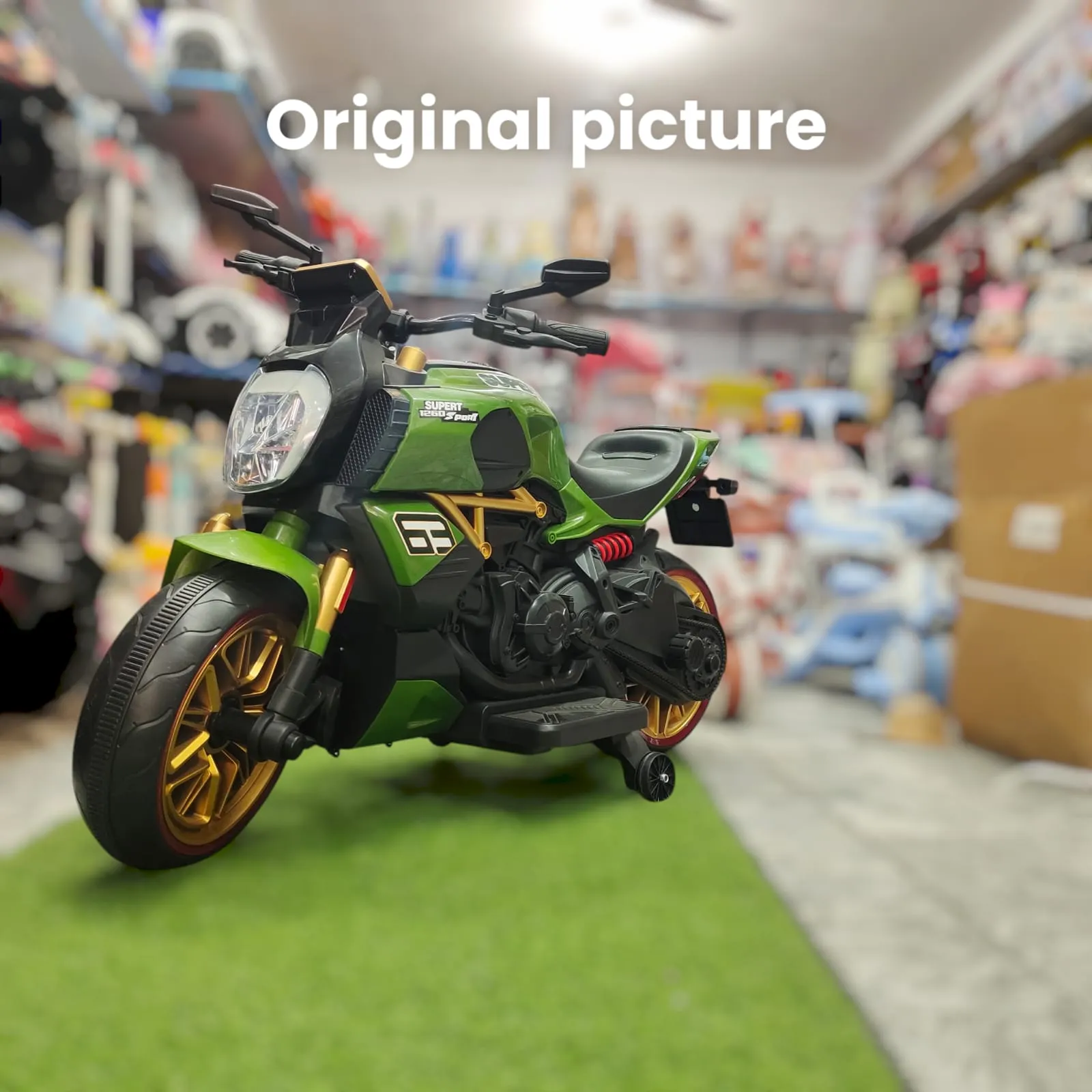 Deluxe Kids Sporty Ride On Superbike Stylish Green Design with Shiny Golden Alloy Wheels for Ultimate Fun and Adventure