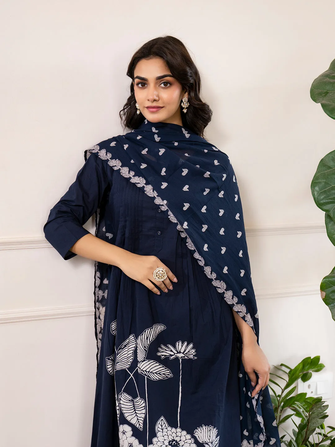 Divena Navy Blue Printed A-Line Cotton Kurta Set