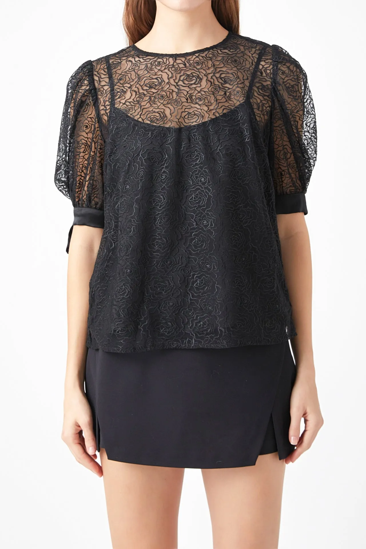 Embroidered Puff Sleeve Satin Bow Top