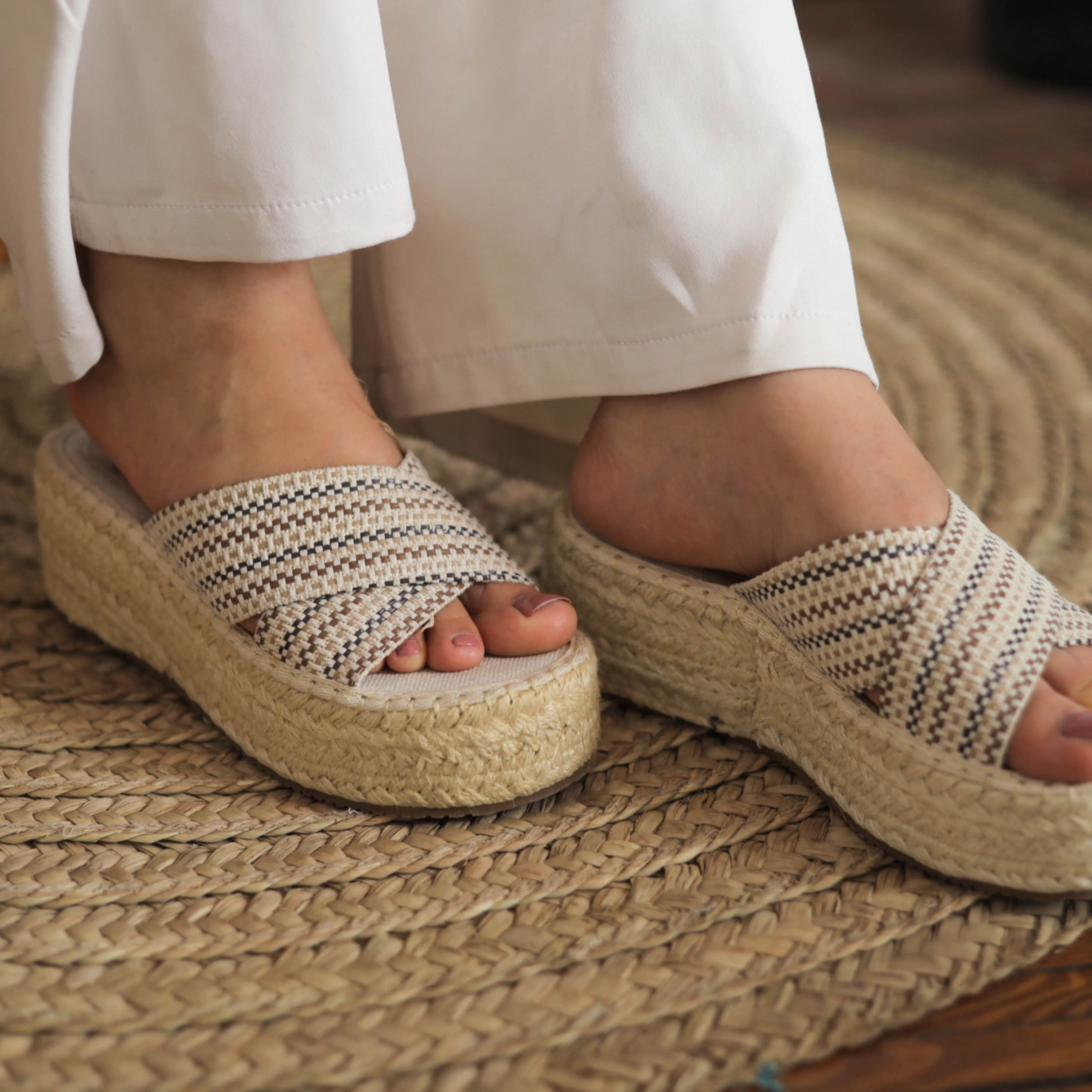 Espadrille Soles Criss Cross Wedges - Multi Color