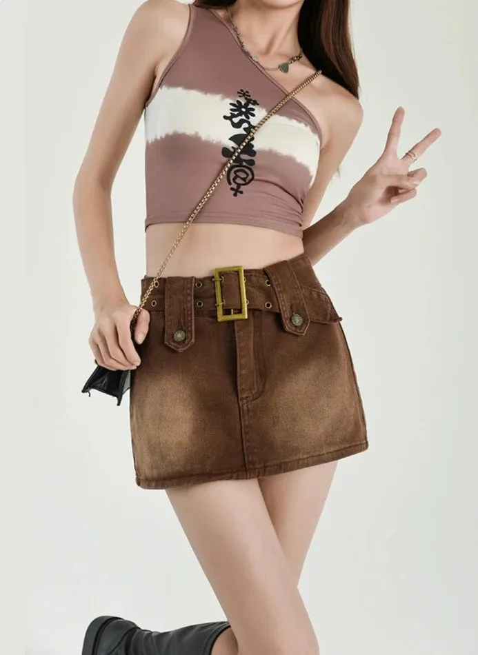 Faded Denim Skort Mini Skirt with Belt