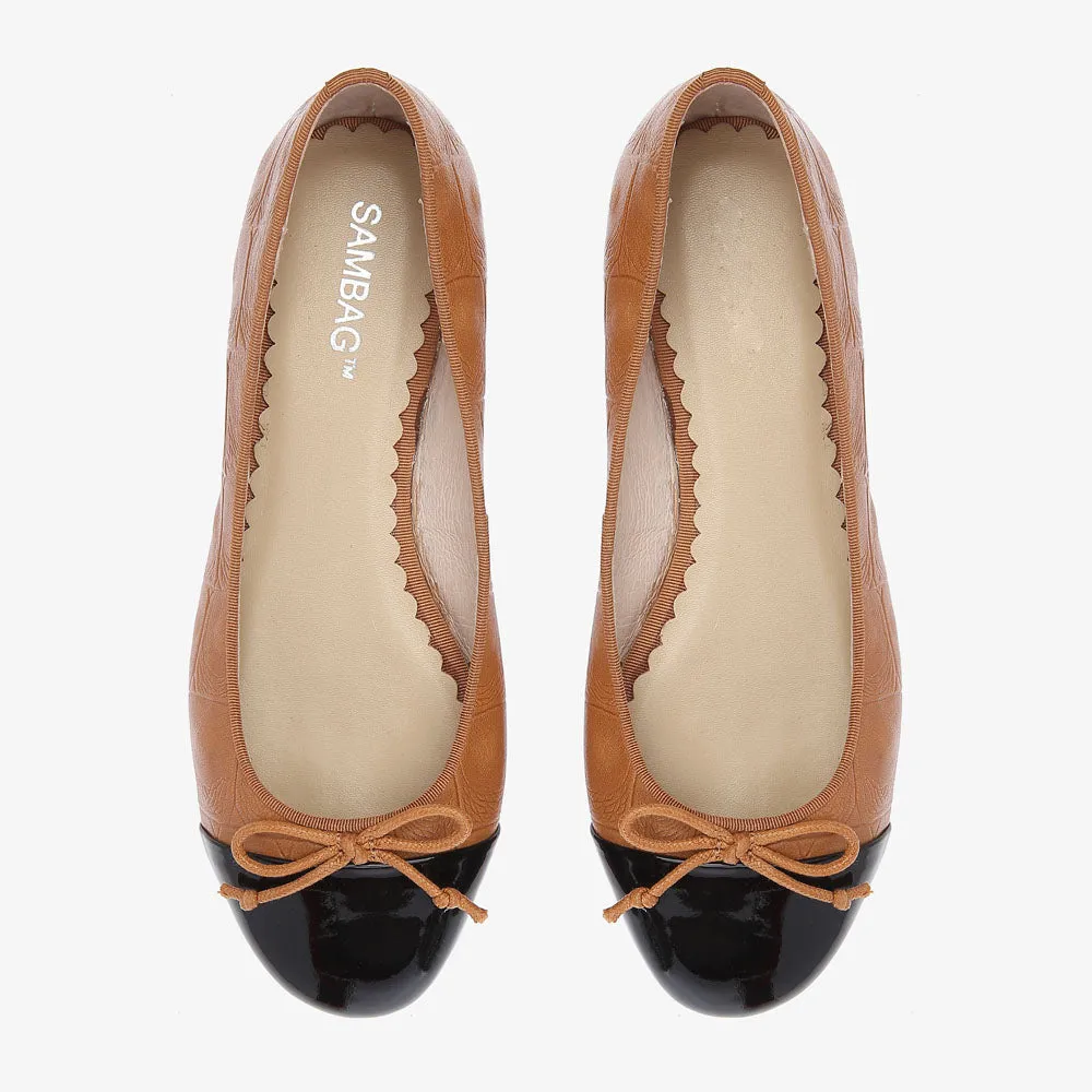 Grace Two-tone Tan Croc embossed leather with Black toe Ballet Flat