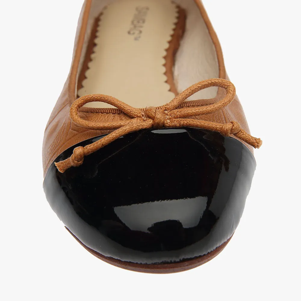 Grace Two-tone Tan Croc embossed leather with Black toe Ballet Flat
