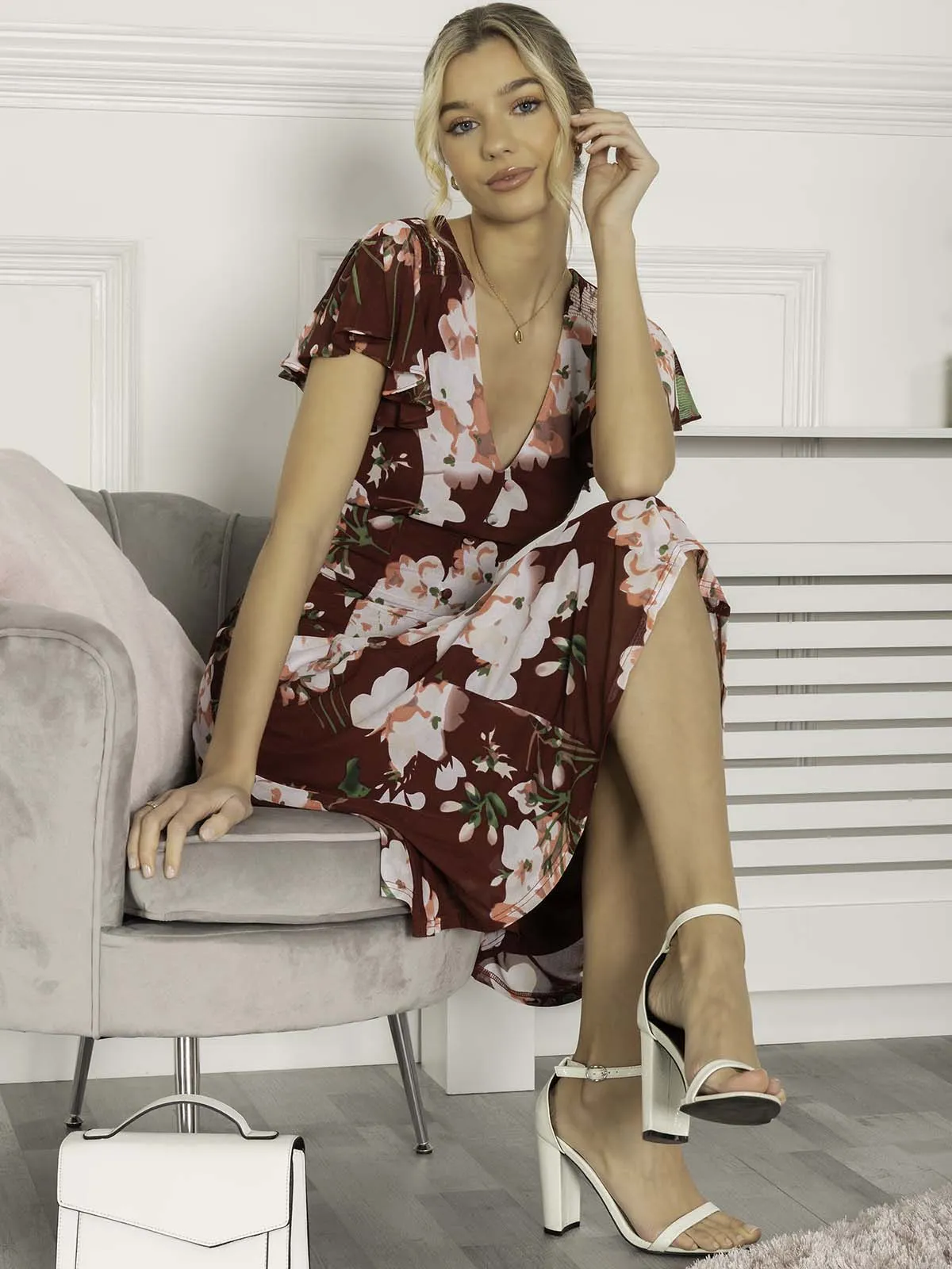 Jolie Moi Grace Mesh Midi Dress, Floral Multi