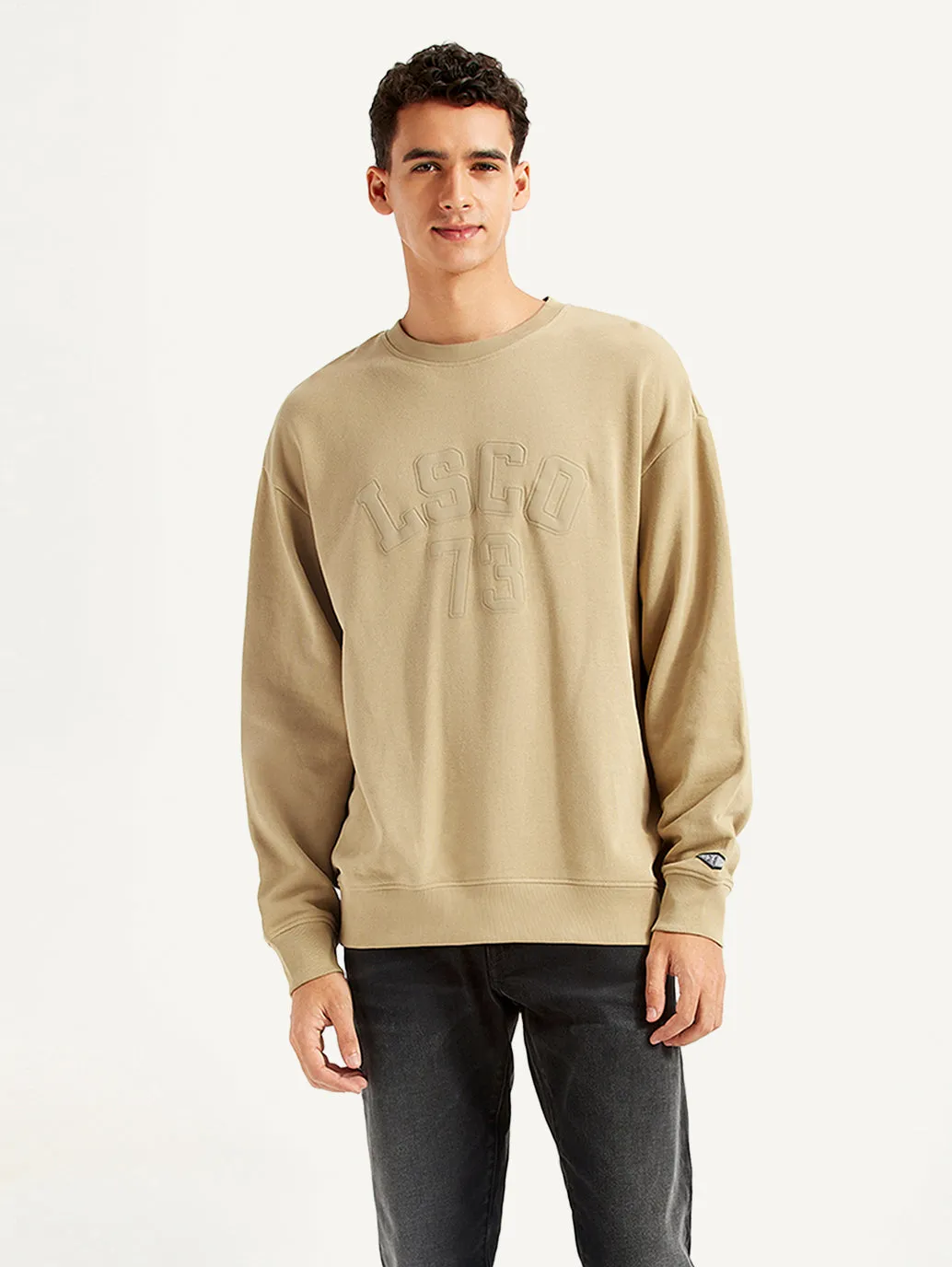Men's Typographic Beige Crew Neck Sweatshirt