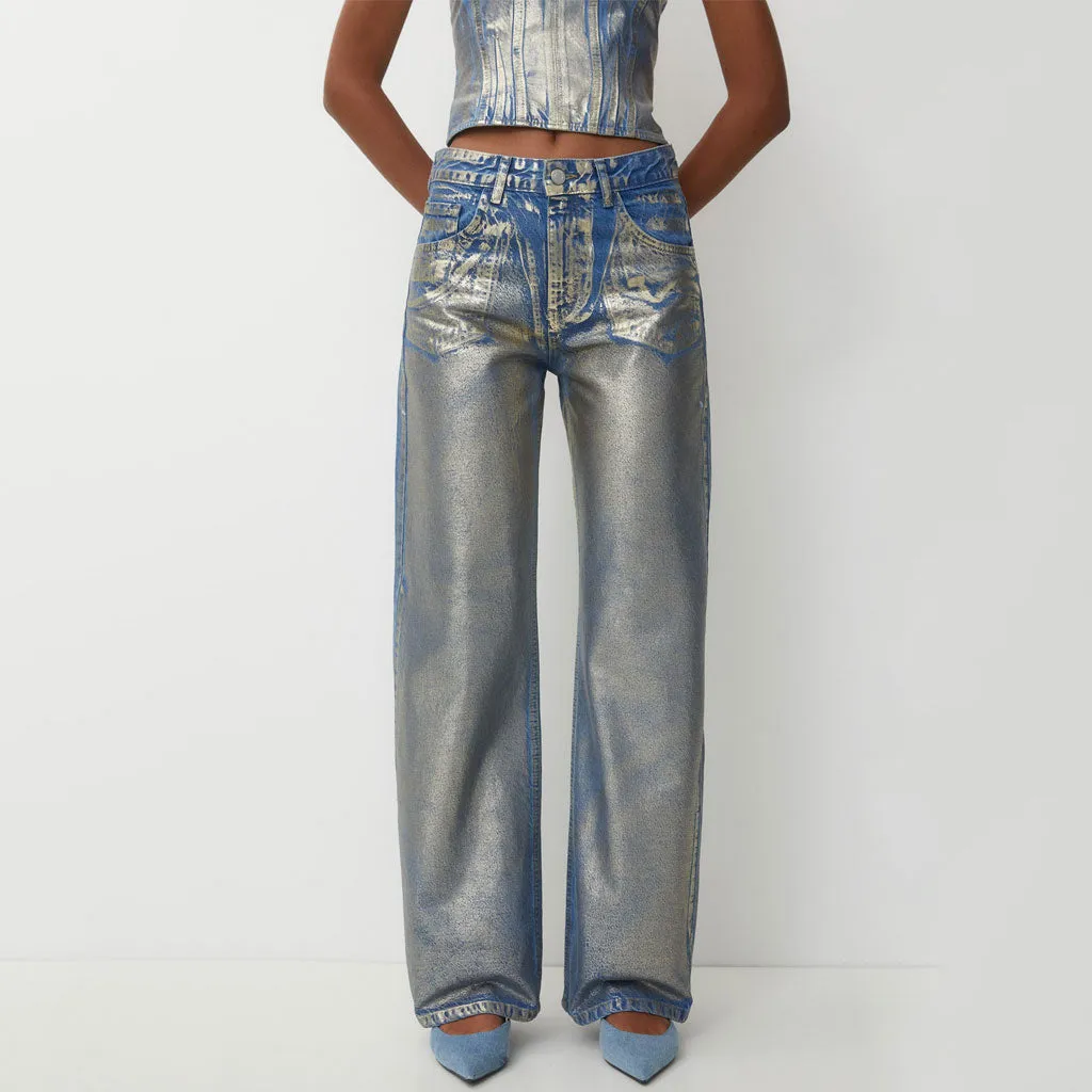 Metallic Foil Ombre High Waist Pocket Wide Leg Baggy Boyfriend Jeans