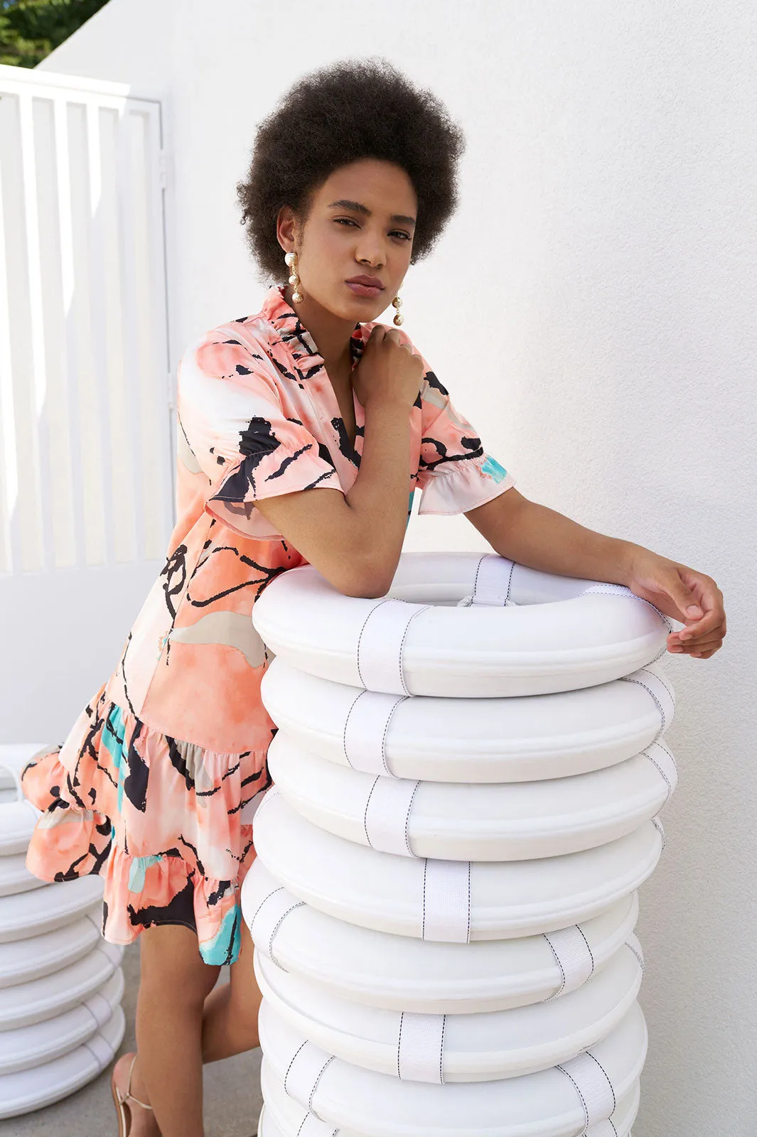 Modern Fit Mini Drop-Waist Flounce Dress - Abstract Woven