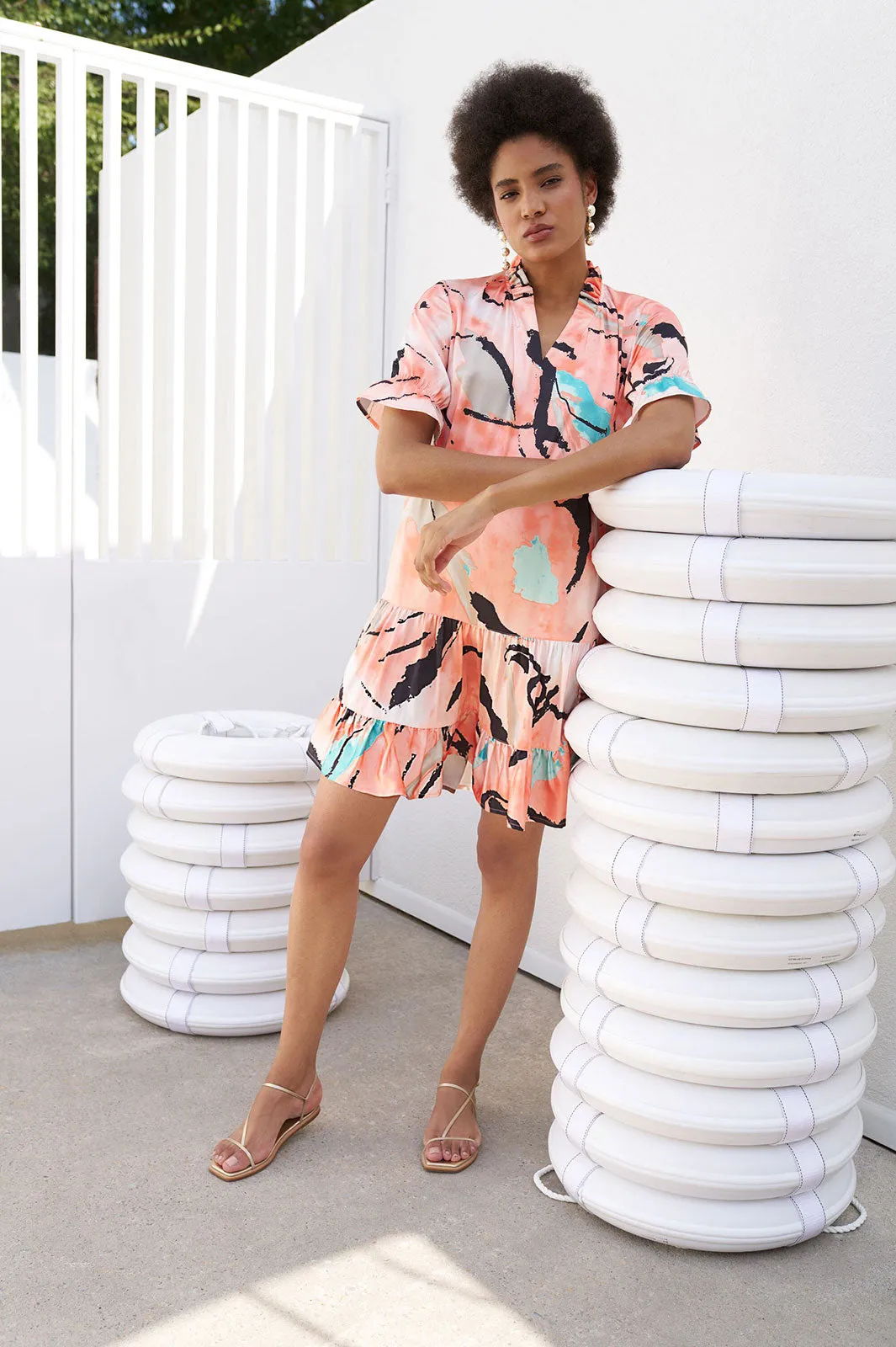 Modern Fit Mini Drop-Waist Flounce Dress - Abstract Woven