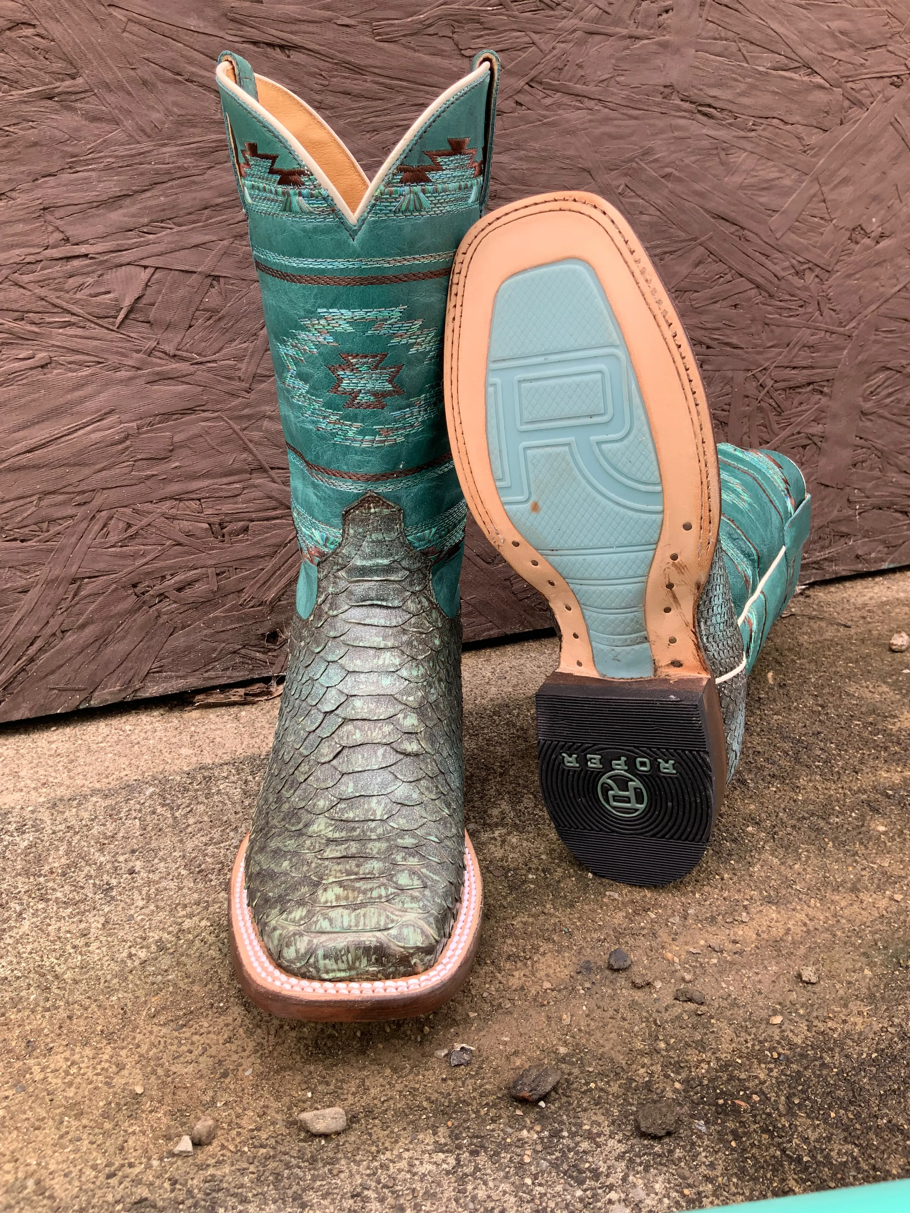 Roper Women's Turquoise/Brown Backcut Python Square Toe Cowgirl Boots 6510-8488