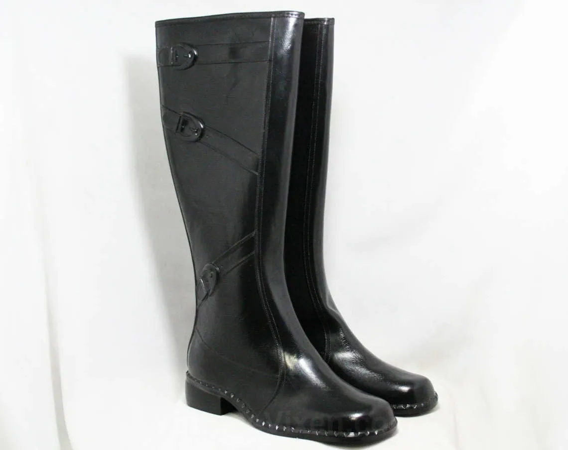 Size 6 Trompe L'Oeil 60s Black Boots - 1960s Waterproof Rubber - Sophisticated 1960s - Faux Buckles - Fleece Lined - Unworn NOS Deadstock