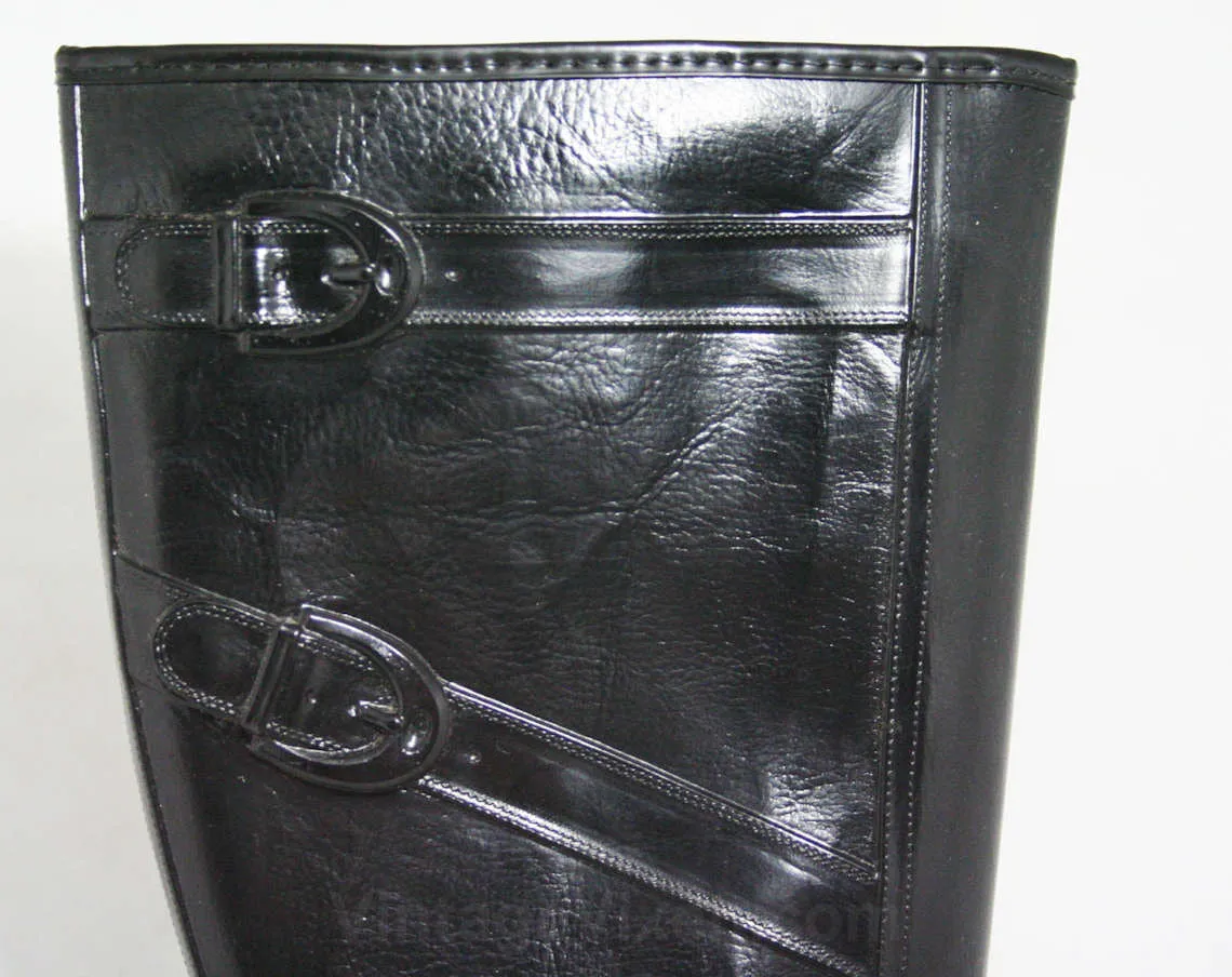 Size 6 Trompe L'Oeil 60s Black Boots - 1960s Waterproof Rubber - Sophisticated 1960s - Faux Buckles - Fleece Lined - Unworn NOS Deadstock