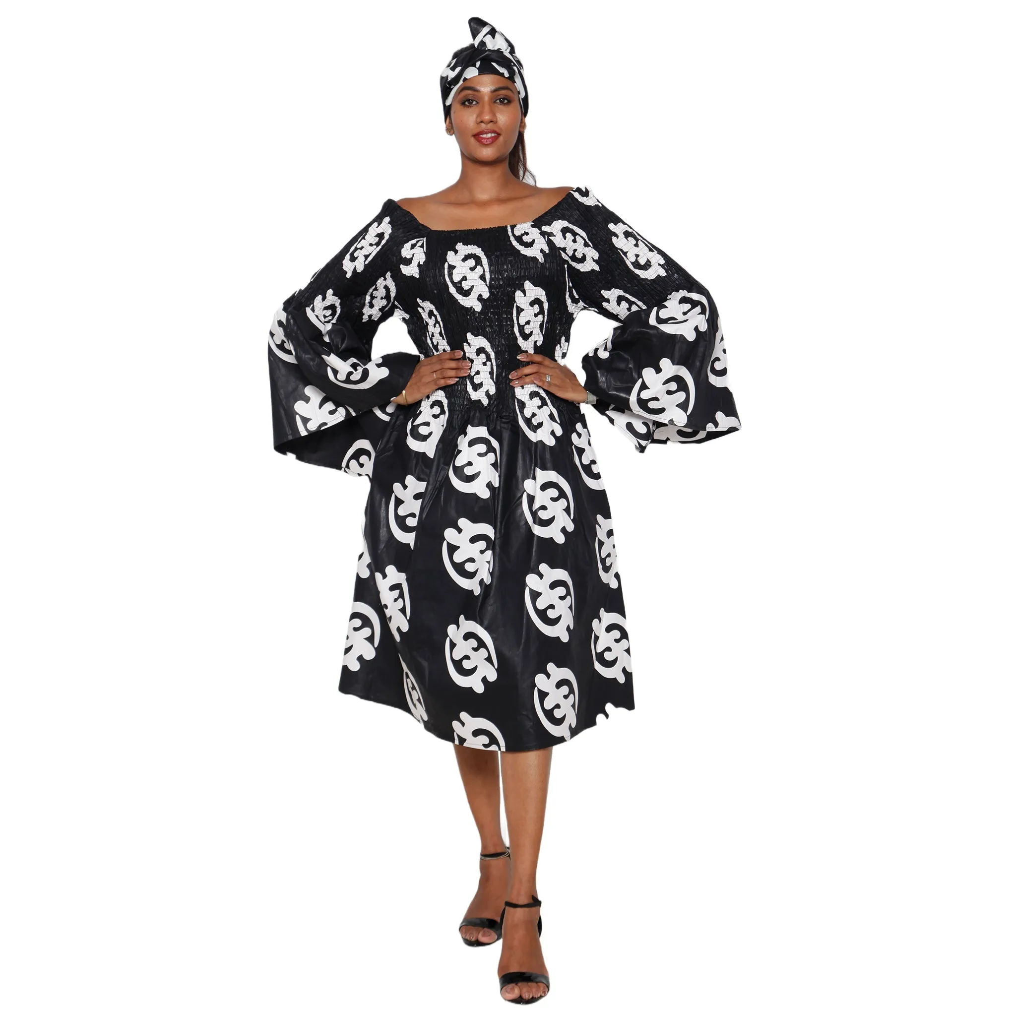 Women's Long Sleeve Smocking Short Dress with Bell Sleeves -- FI-50073