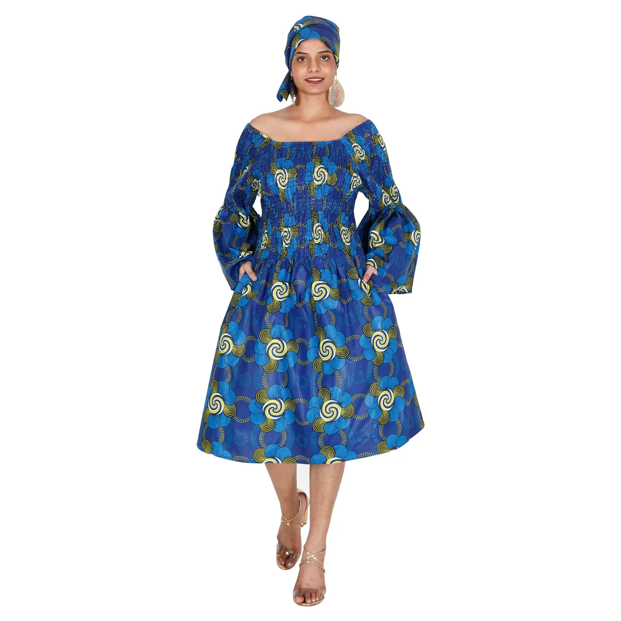 Women's Long Sleeve Smocking Short Dress with Bell Sleeves -- FI-50073
