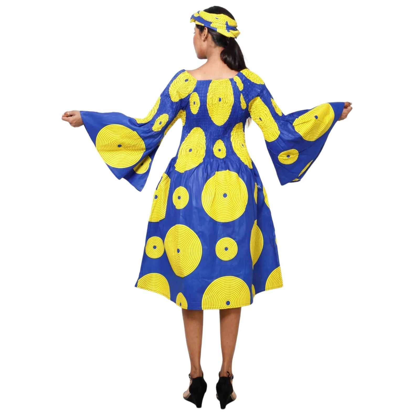 Women's Long Sleeve Smocking Short Dress with Bell Sleeves -- FI-50073