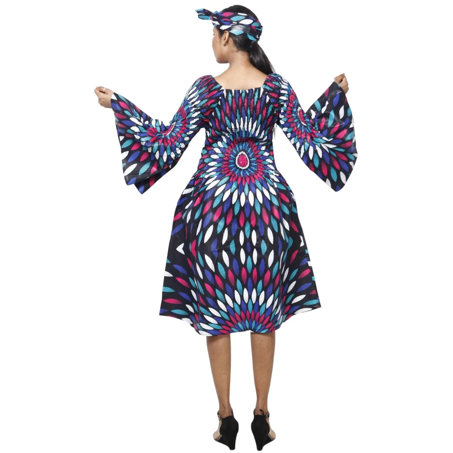 Women's Long Sleeve Smocking Short Dress with Bell Sleeves -- FI-50073