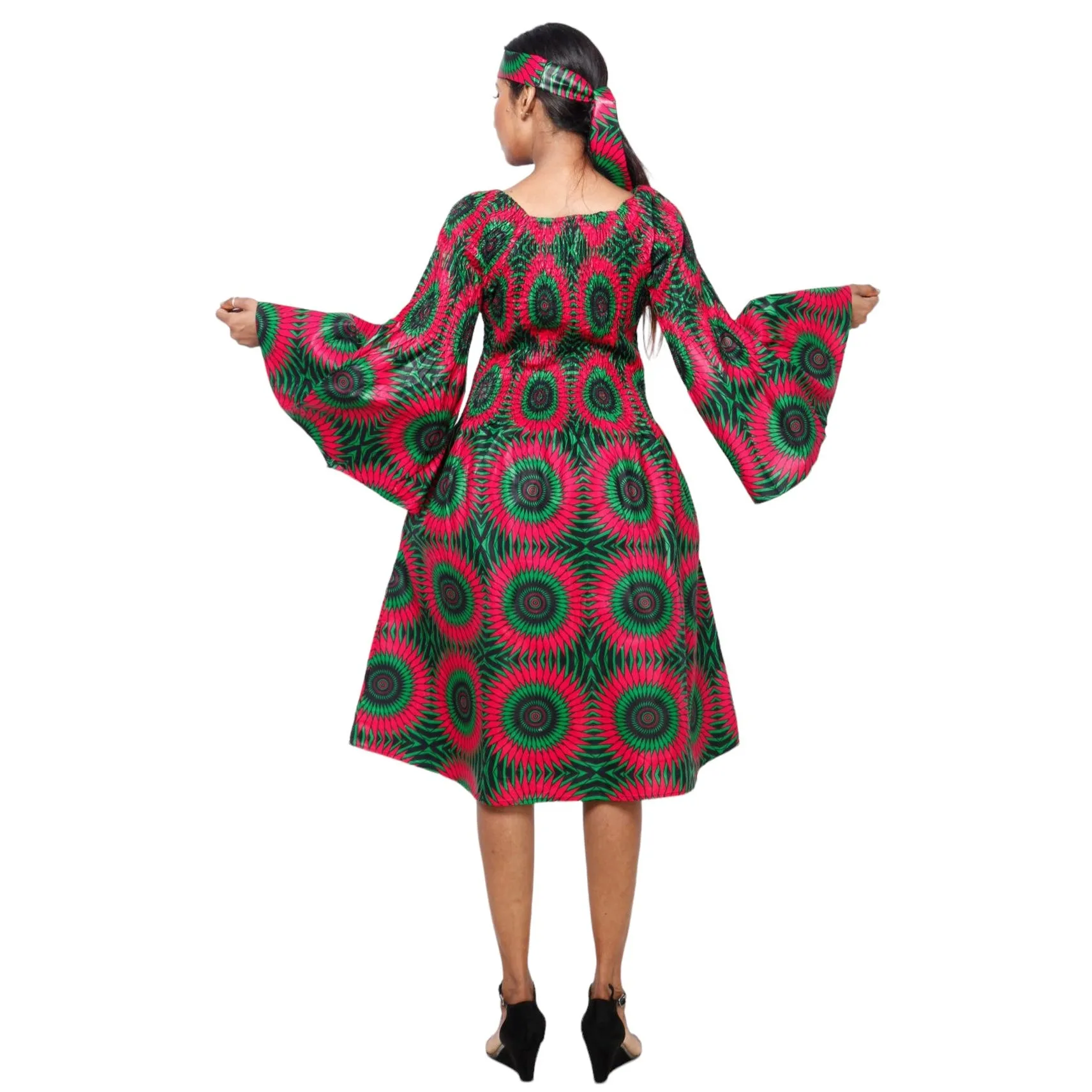 Women's Long Sleeve Smocking Short Dress with Bell Sleeves -- FI-50073