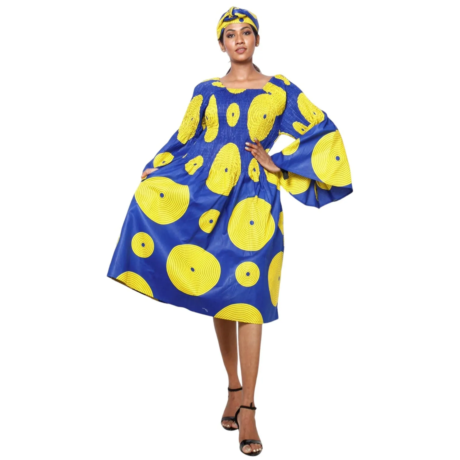 Women's Long Sleeve Smocking Short Dress with Bell Sleeves -- FI-50073