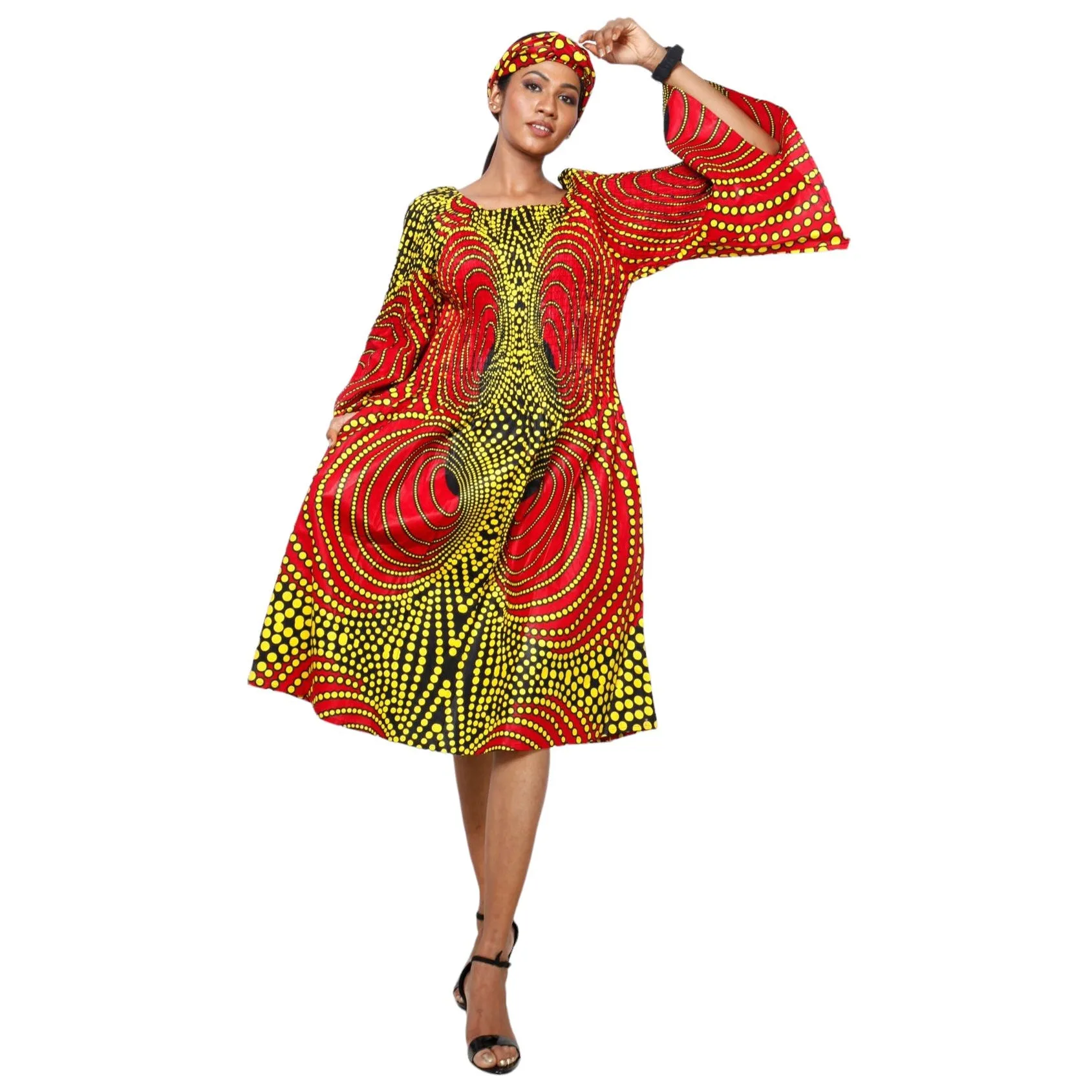 Women's Long Sleeve Smocking Short Dress with Bell Sleeves -- FI-50073