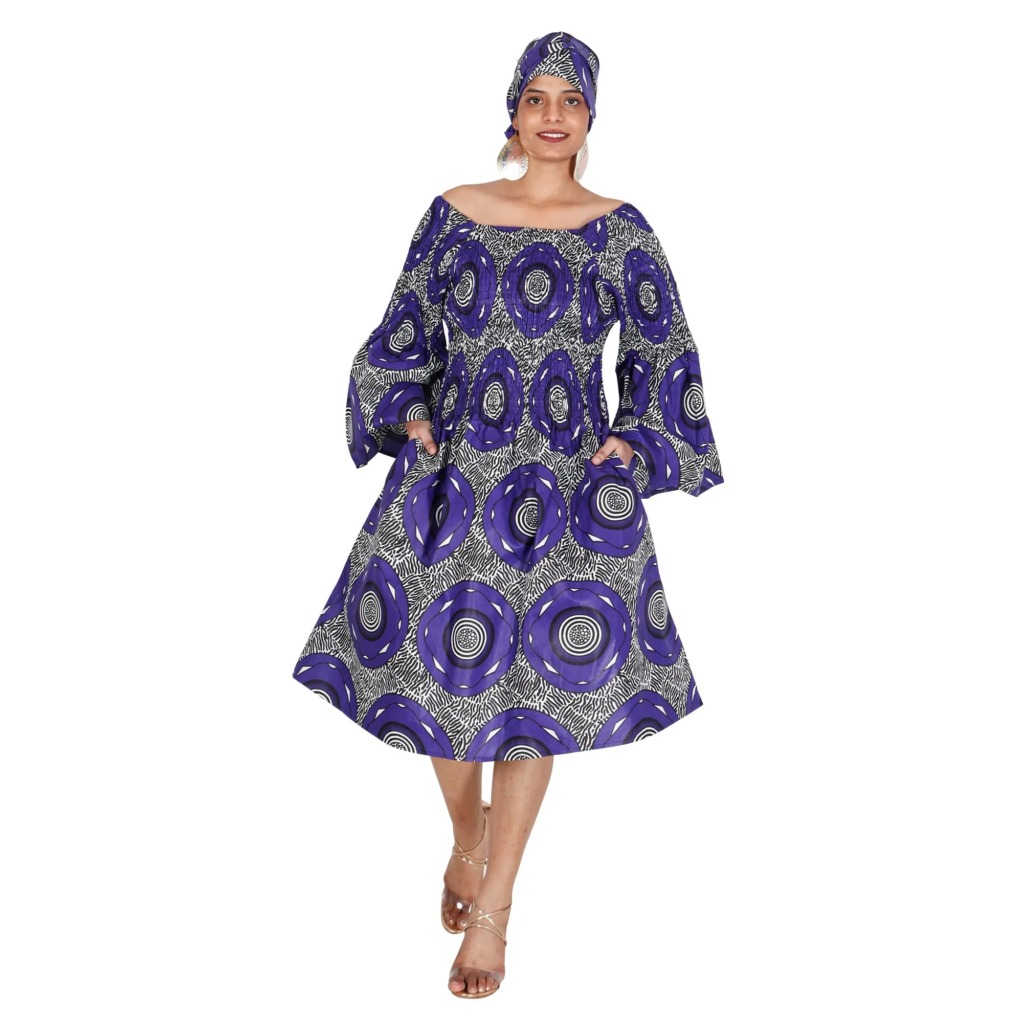Women's Long Sleeve Smocking Short Dress with Bell Sleeves -- FI-50073