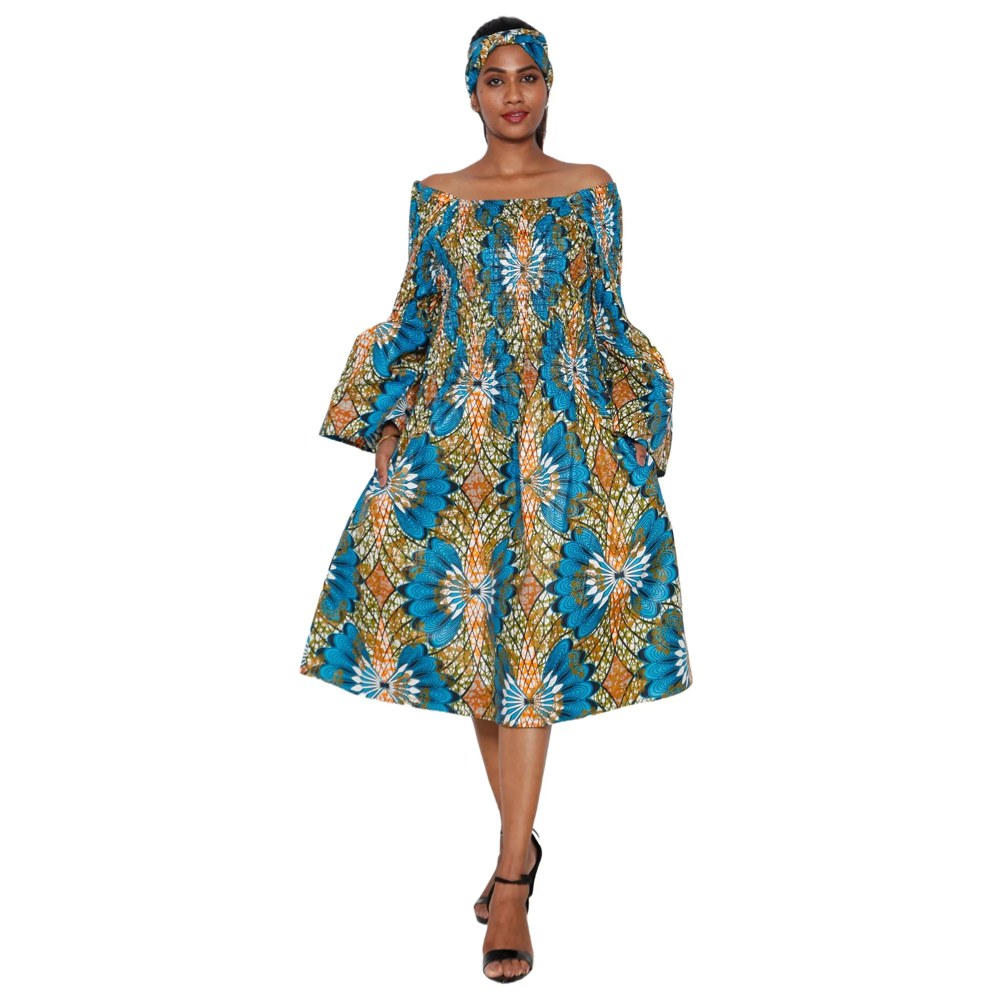Women's Long Sleeve Smocking Short Dress with Bell Sleeves -- FI-50073