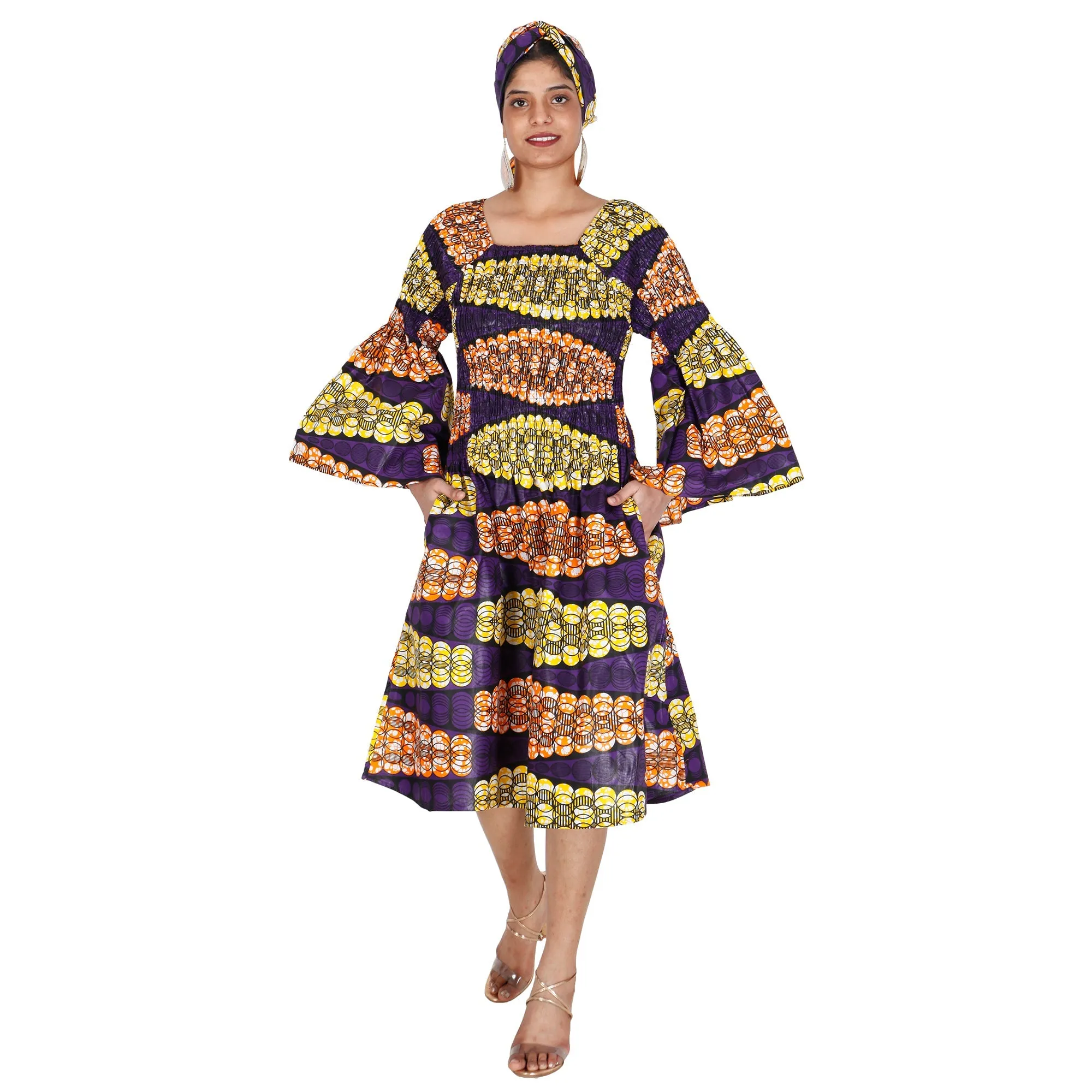 Women's Long Sleeve Smocking Short Dress with Bell Sleeves -- FI-50073