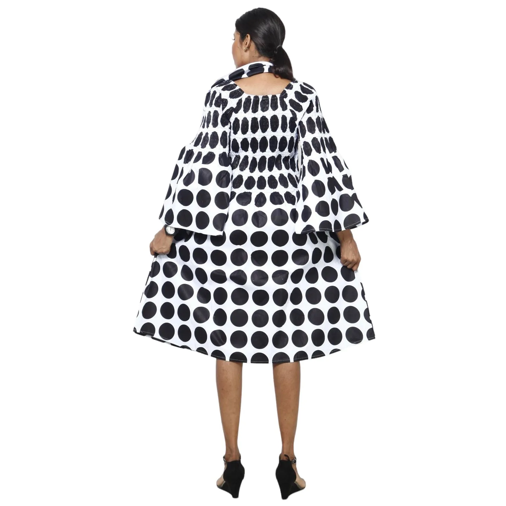 Women's Long Sleeve Smocking Short Dress with Bell Sleeves -- FI-50073