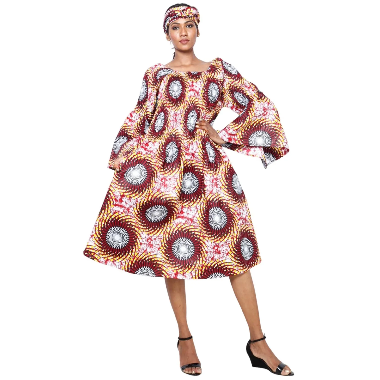 Women's Long Sleeve Smocking Short Dress with Bell Sleeves -- FI-50073