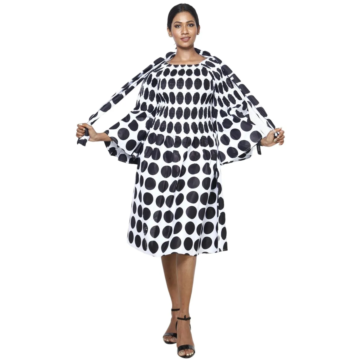 Women's Long Sleeve Smocking Short Dress with Bell Sleeves -- FI-50073